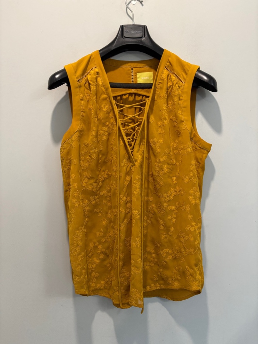 Anthro Maeve Mustard Lace Up Tank Embroidered Sleeveless Top Medium - Picture 3 of 14